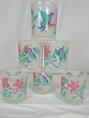 Set of 6 Floral Hummingbird Glass Tumblers - Pink & Teal